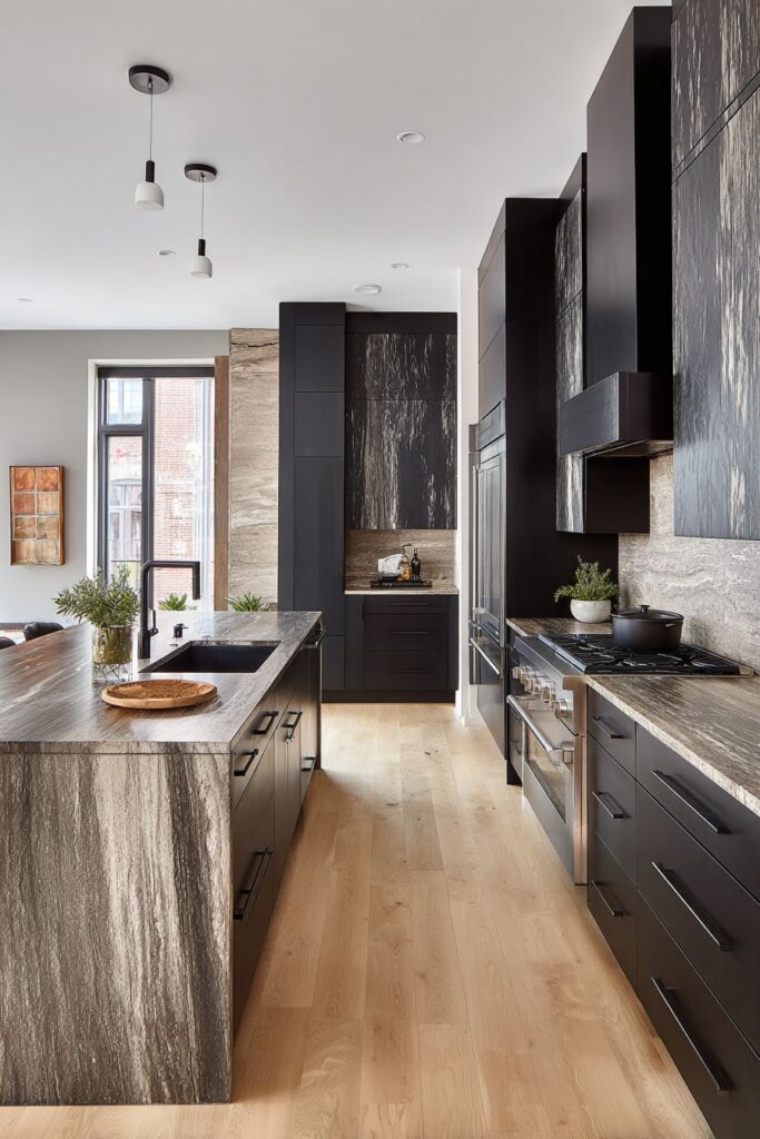 Sophisticated Floor-to-Ceiling Black Cabinets with Wood Grain Panels