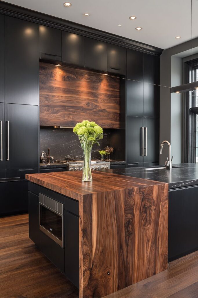 Sophisticated Floor-to-Ceiling Black Cabinets with Wood Grain Panels