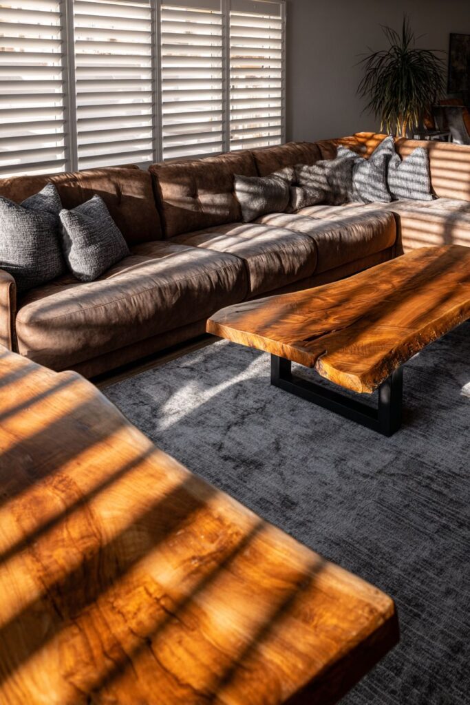 Transitional Brown Living with Live-Edge Wood Elegance
