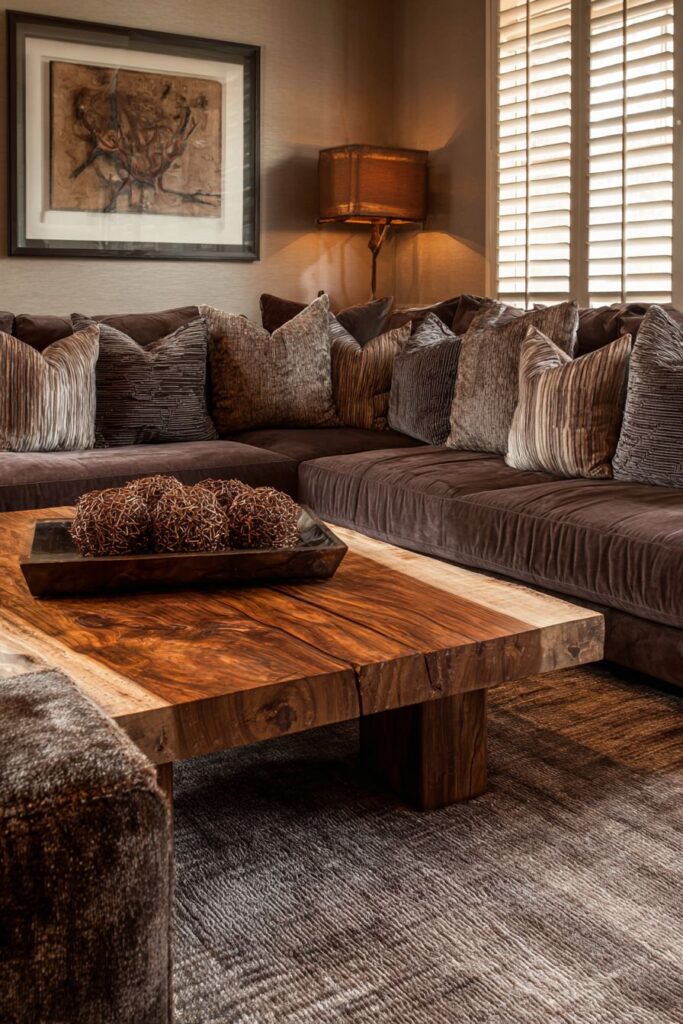 Transitional Brown Living with Live-Edge Wood Elegance