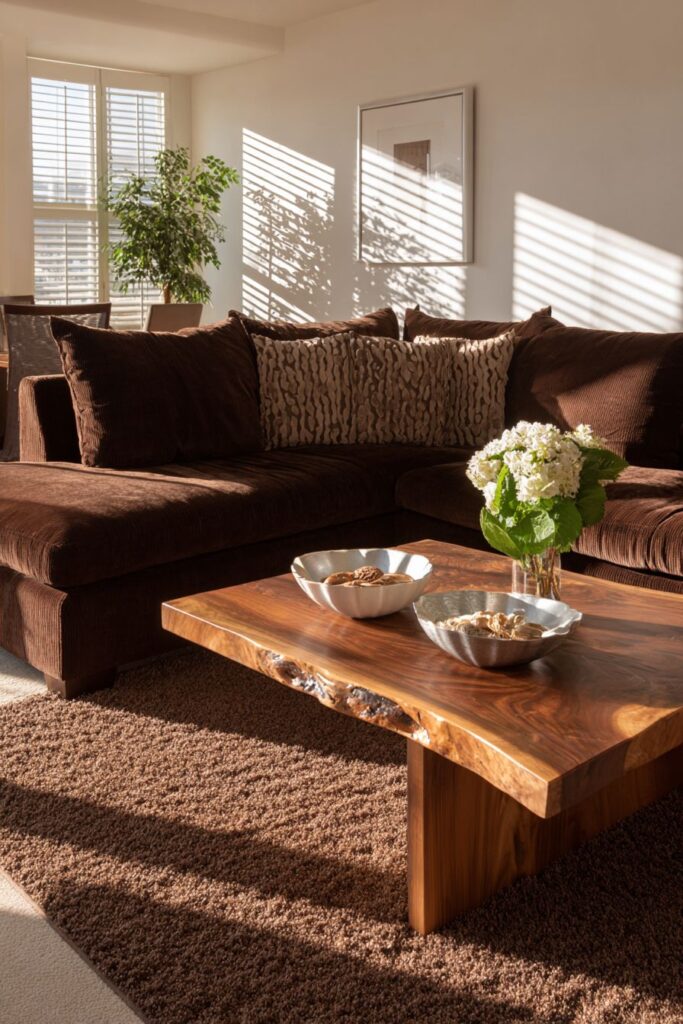 Transitional Brown Living with Live-Edge Wood Elegance