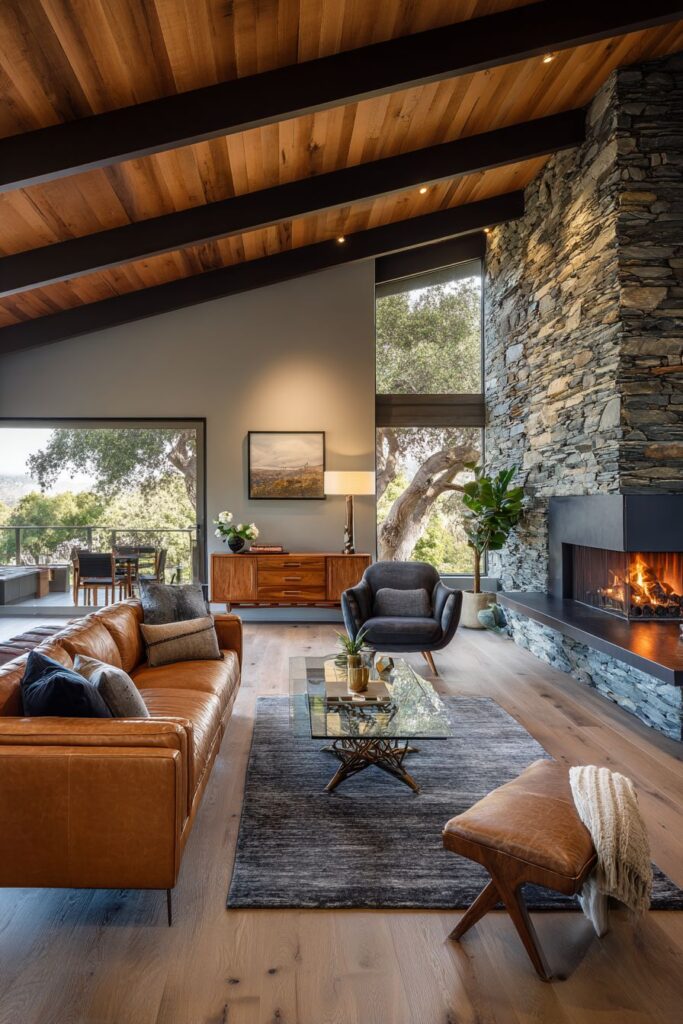 Dramatic Stone Accent Wall with Cognac Leather