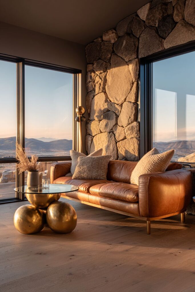 Dramatic Stone Accent Wall with Cognac Leather