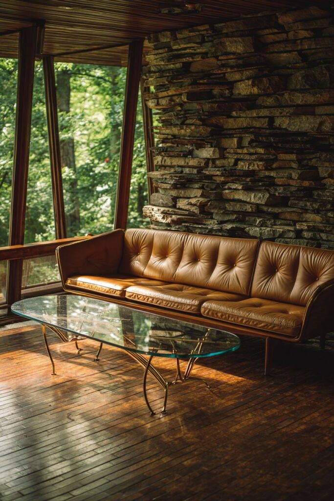 Dramatic Stone Accent Wall with Cognac Leather
