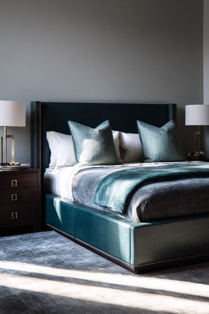 Modern Dark Teal Leather Platform Bed