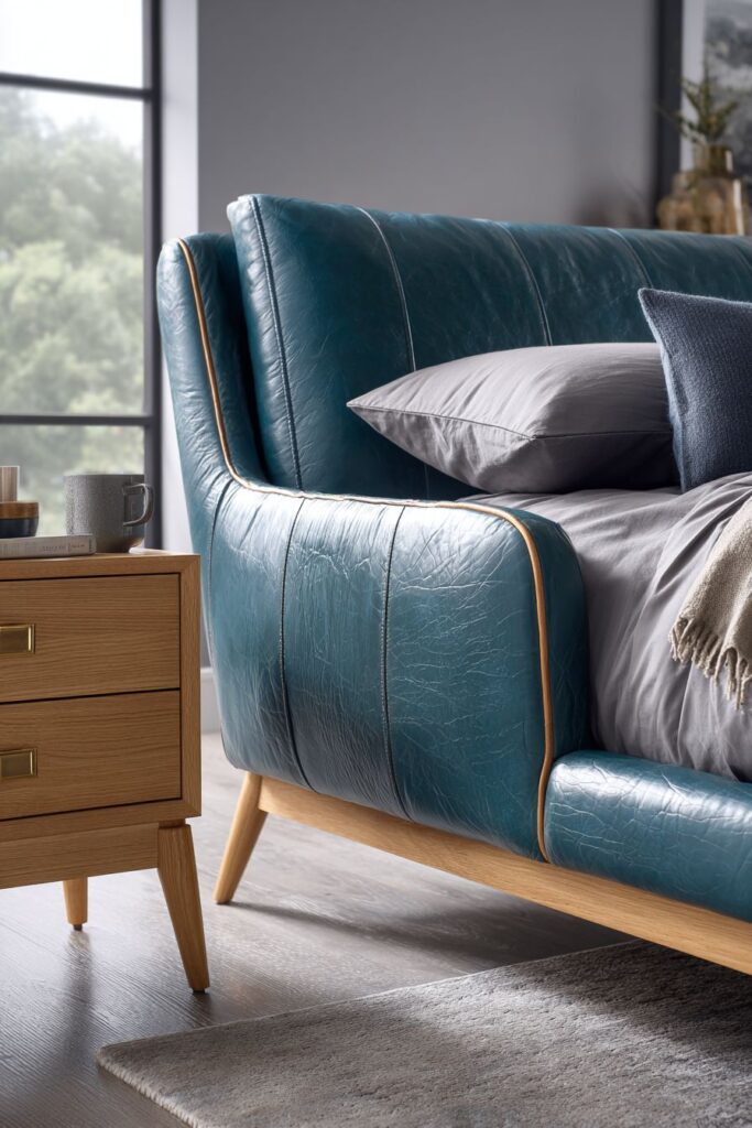 Modern Dark Teal Leather Platform Bed