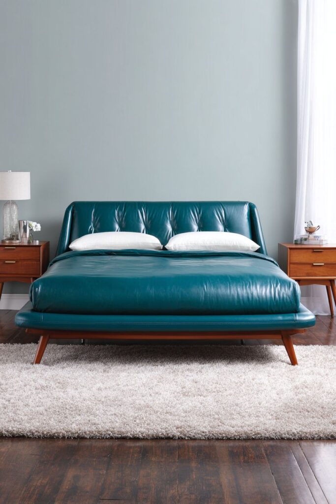 Modern Dark Teal Leather Platform Bed