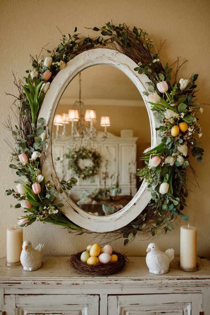 Cottage-Style Mirror with Fresh Garland
