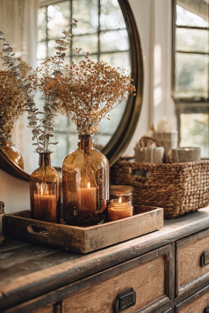 Dresser Vignette with Amber Glass Elegance