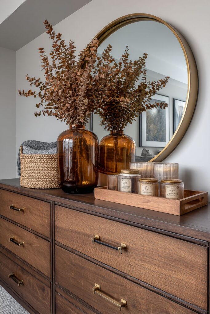 Dresser Vignette with Amber Glass Elegance