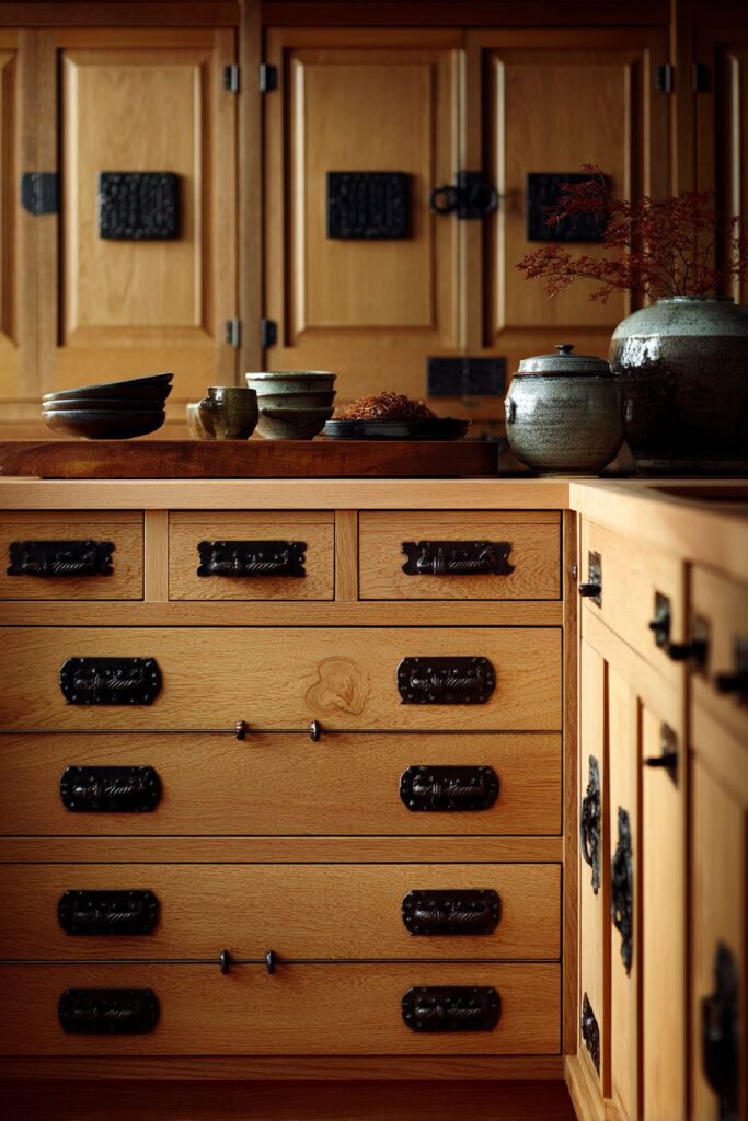Black Iron Hardware with Light Oak Cabinetry