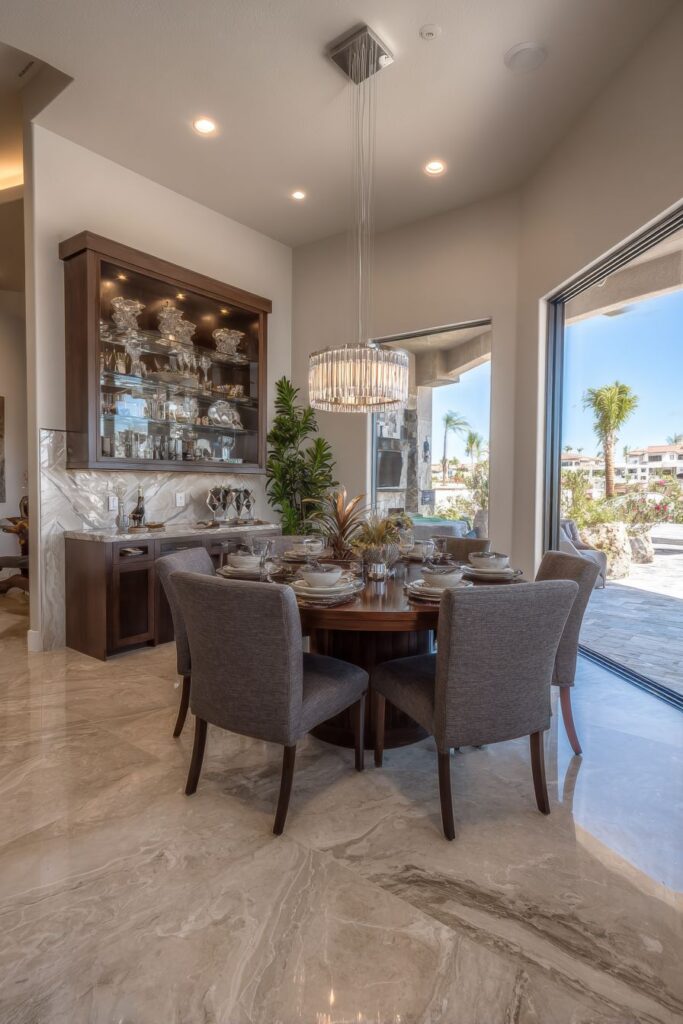 Cherry Wood Sophistication with Linear Lighting