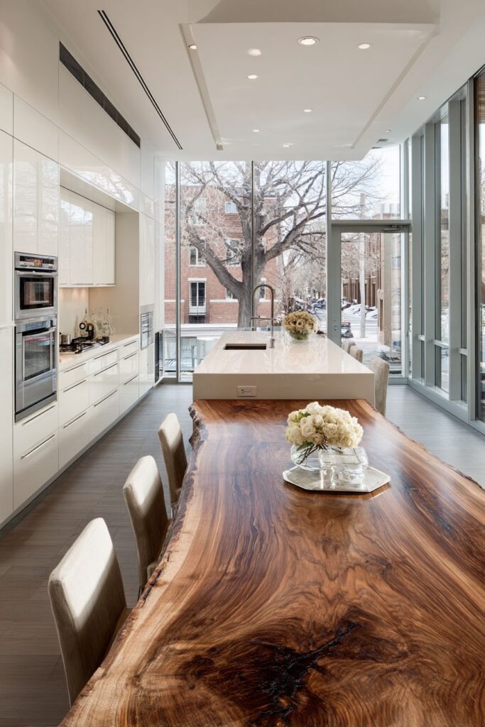 Live-Edge Walnut Dining Integration with Streamlined Appliances