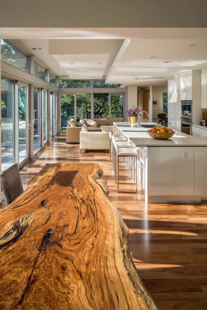 Live-Edge Walnut Dining Integration with Streamlined Appliances