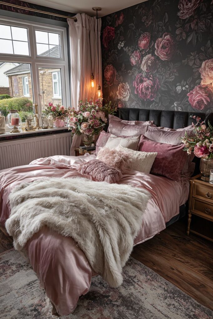 Dark Floral Romance with Blush Silk Comfort