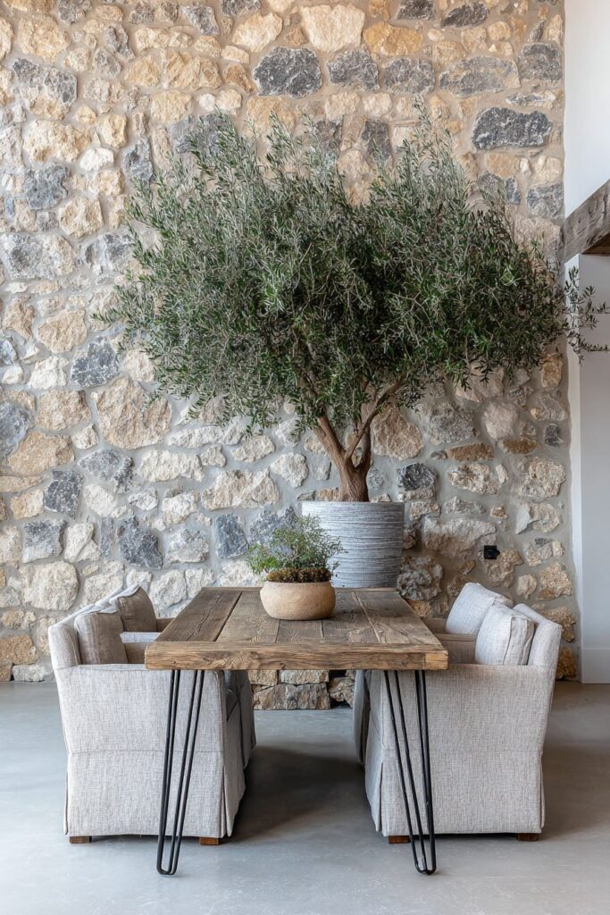 Fieldstone Accent Wall with Chestnut Table