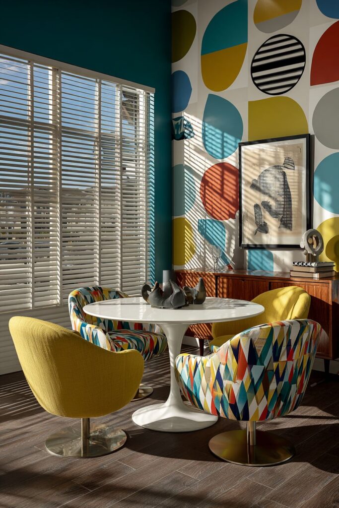 Compact Round Design with Atomic Print Drama