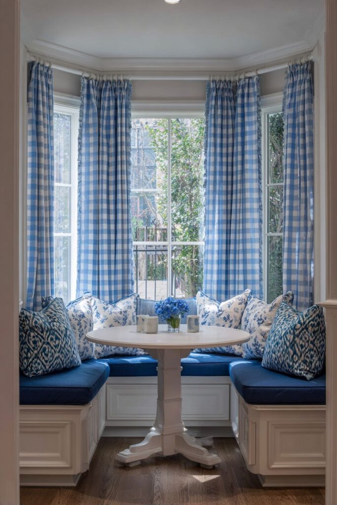 Built-In Window Seating with Navy Blue Cushions