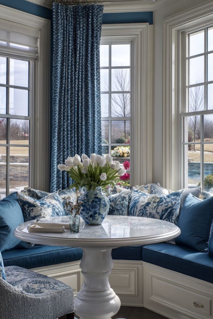 Built-In Window Seating with Navy Blue Cushions
