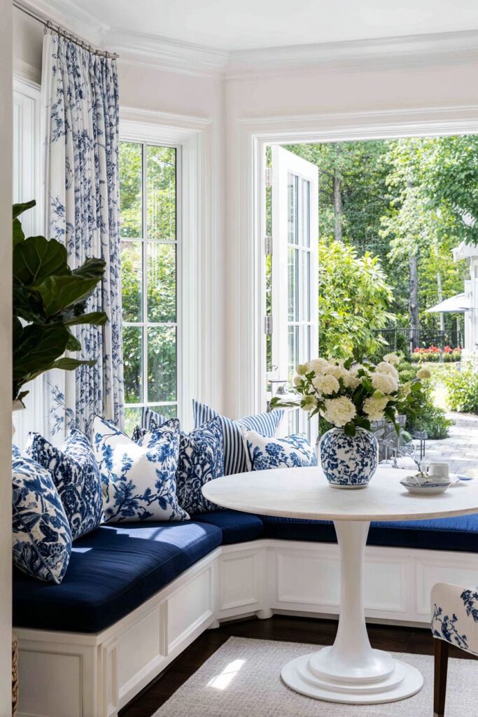 Built-In Window Seating with Navy Blue Cushions