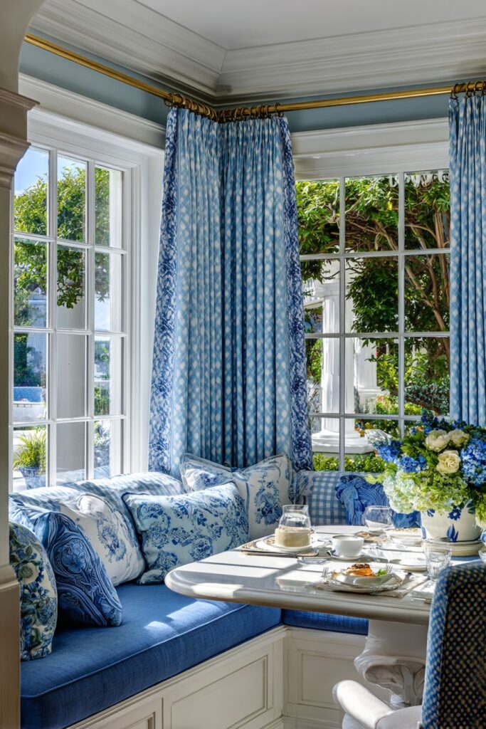 Built-In Window Seating with Navy Blue Cushions