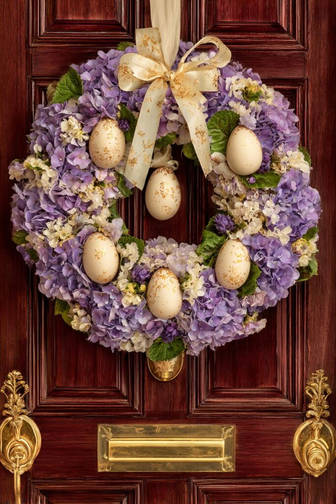 Elegant Hydrangea Wreath with Pearl-Finish Eggs