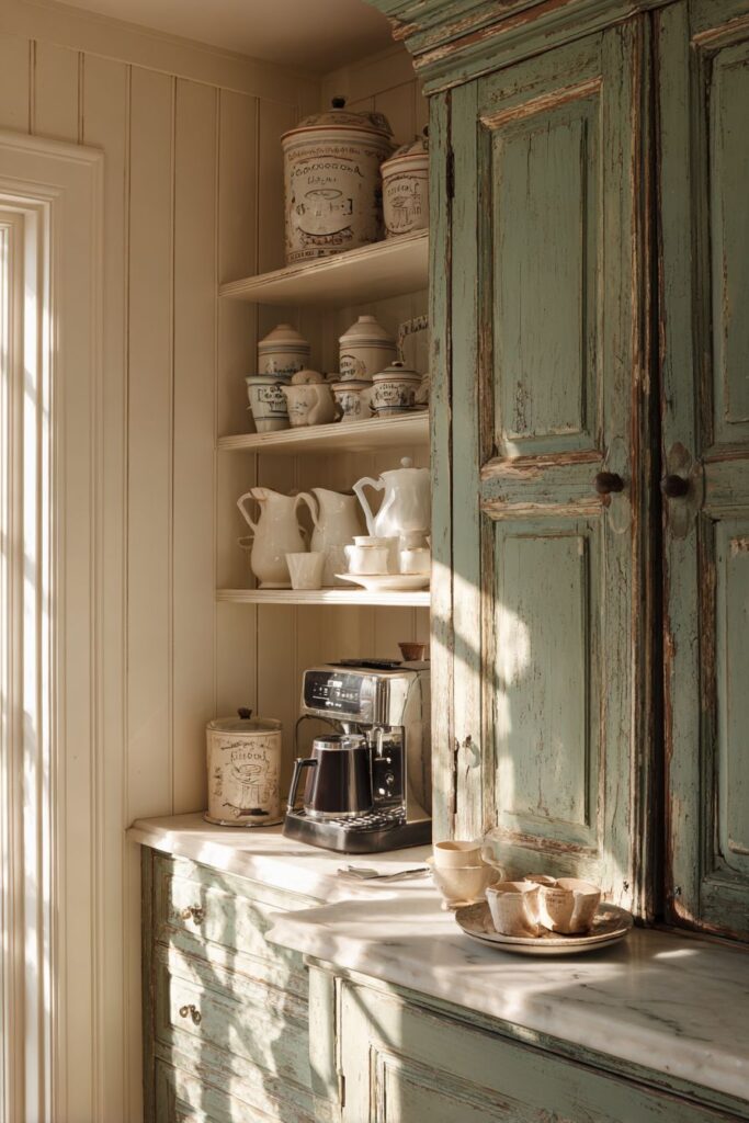 Vintage Armoire Coffee Station with Sage Green Paint