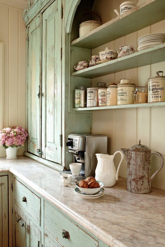 Vintage Armoire Coffee Station with Sage Green Paint
