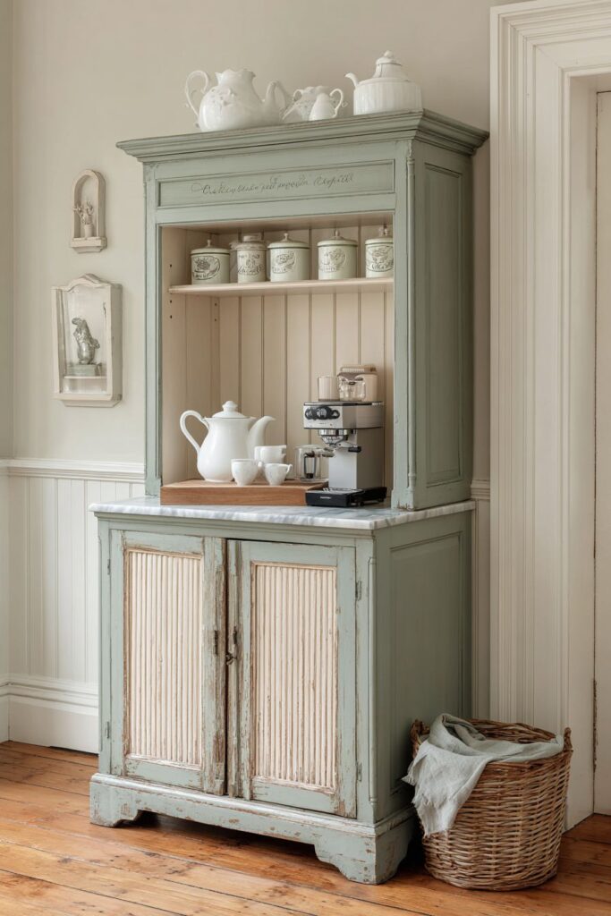 Vintage Armoire Coffee Station with Sage Green Paint