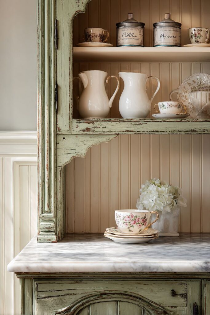Vintage Armoire Coffee Station with Sage Green Paint