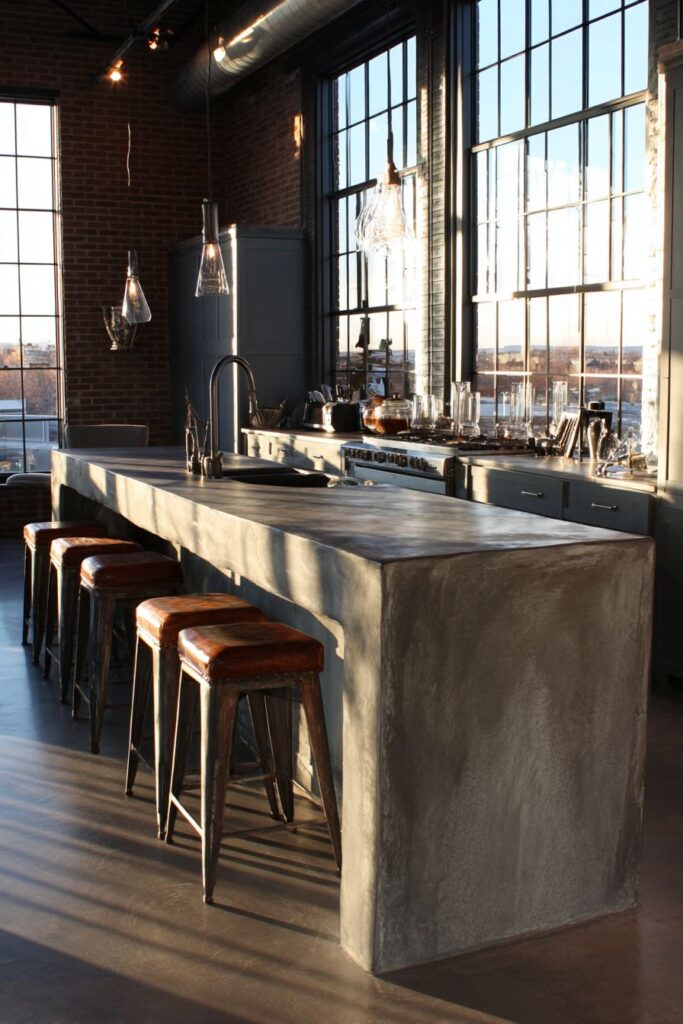 Industrial-Style Kitchen with Raw Steel and Concrete Island
