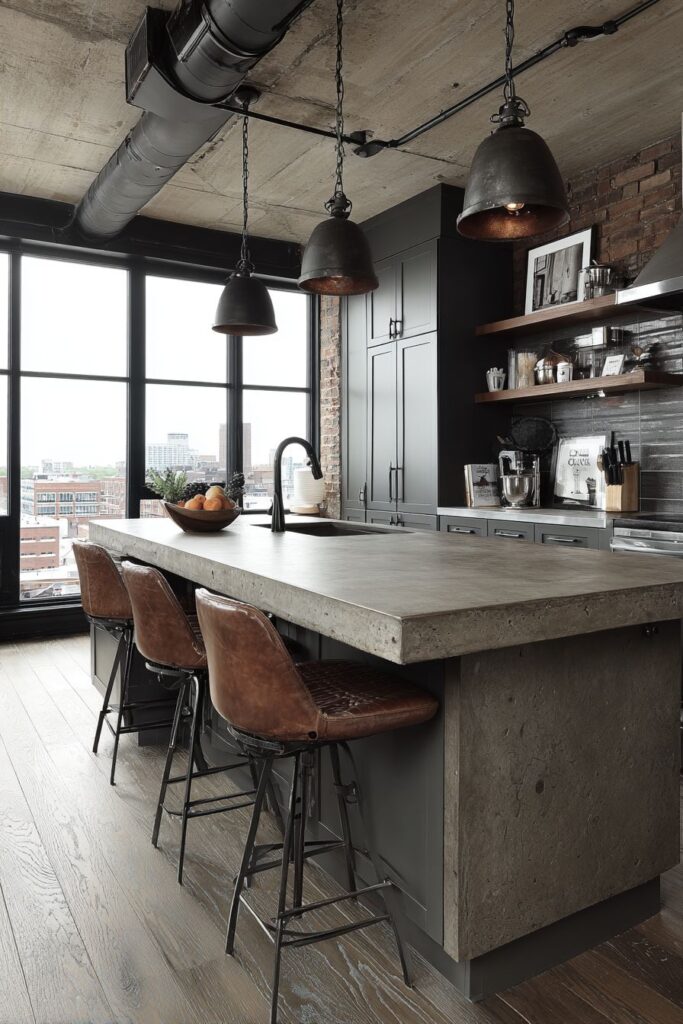 Industrial-Style Kitchen with Raw Steel and Concrete Island