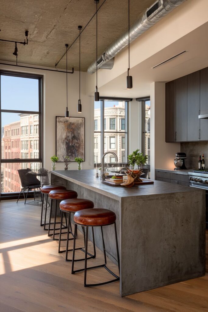 Industrial-Style Kitchen with Raw Steel and Concrete Island