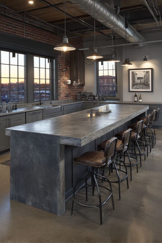 Industrial-Style Kitchen with Raw Steel and Concrete Island