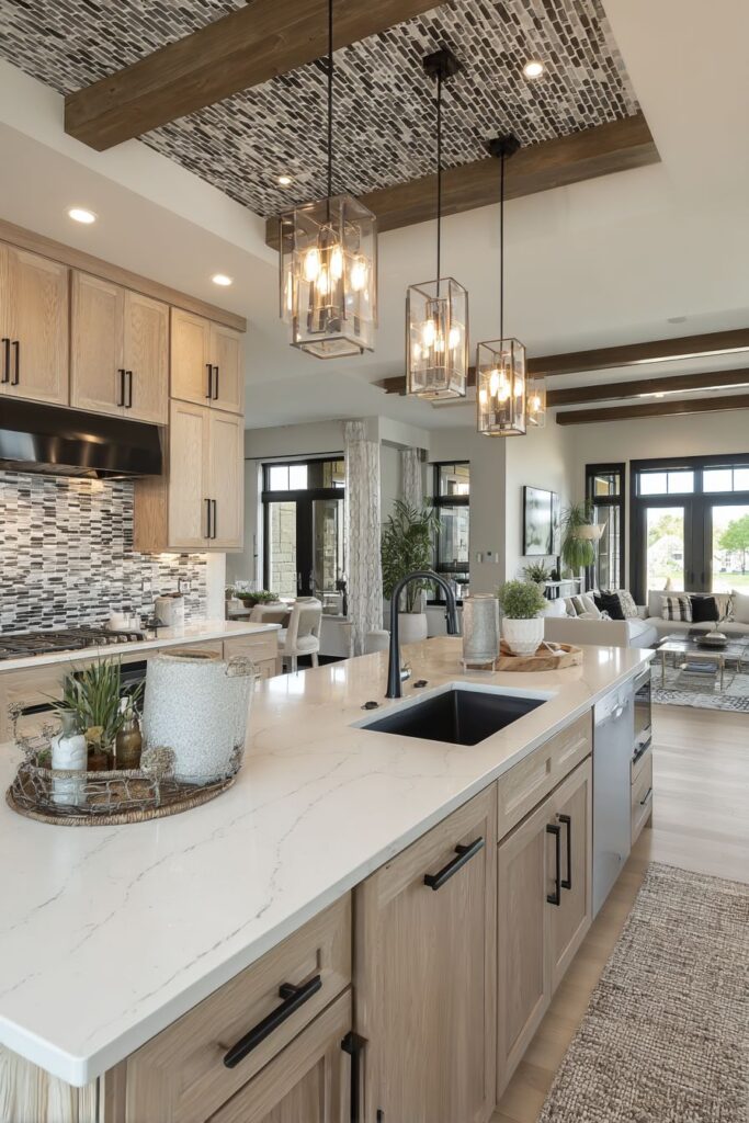 Geometric Tile Backsplash with Wine Storage Integration
