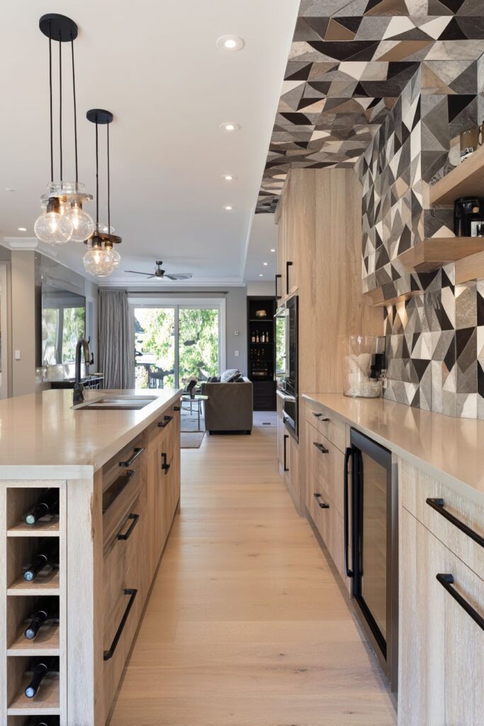 Geometric Tile Backsplash with Wine Storage Integration