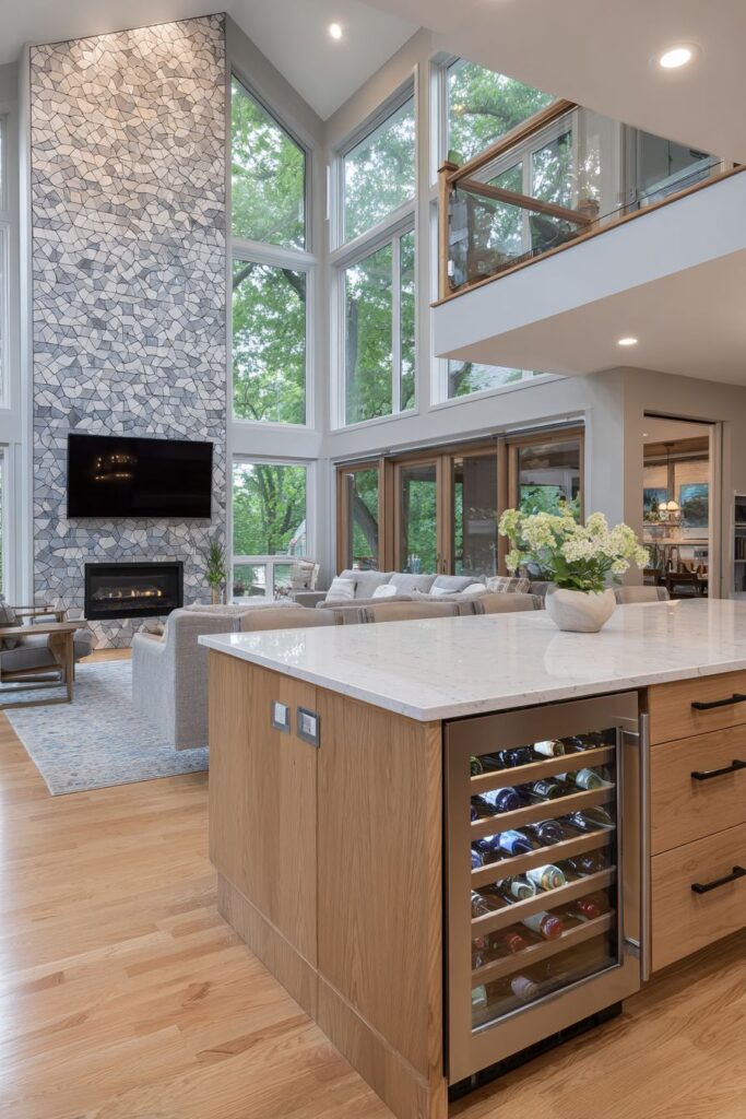 Geometric Tile Backsplash with Wine Storage Integration