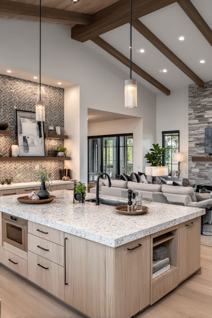 Geometric Tile Backsplash with Wine Storage Integration