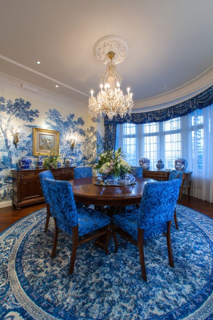 Formal Blue Dining Room with Traditional Elegance