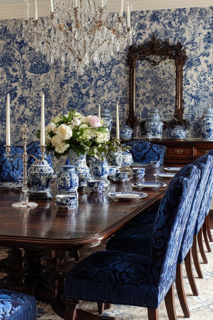 Formal Blue Dining Room with Traditional Elegance