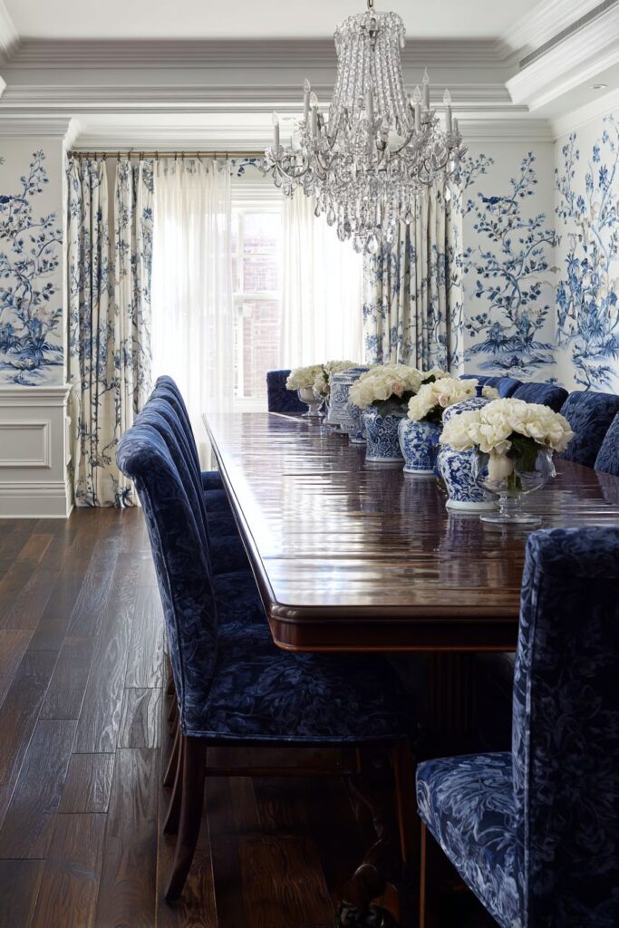 Formal Blue Dining Room with Traditional Elegance