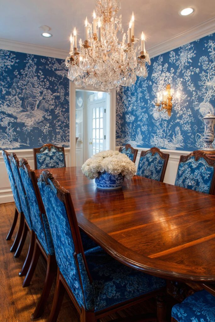 Formal Blue Dining Room with Traditional Elegance