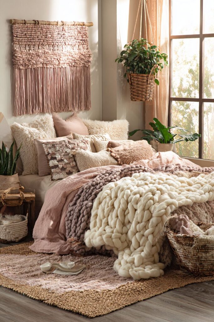 Textural Bedroom with Woven Wall Art