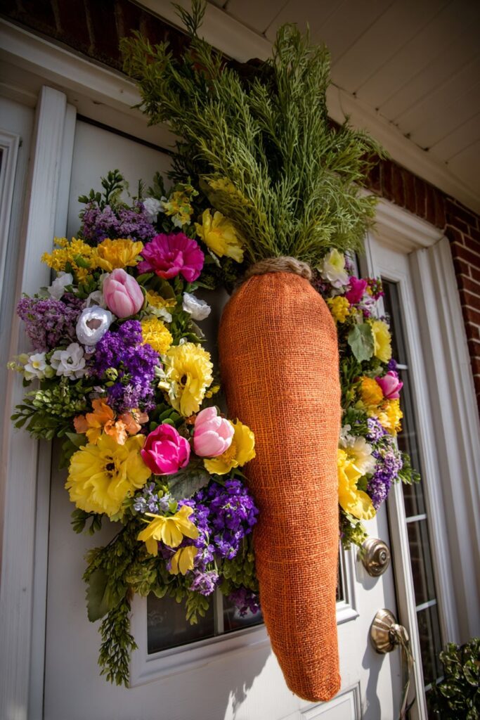 Whimsical Carrot-Shaped Door Hanger with Spring Blooms