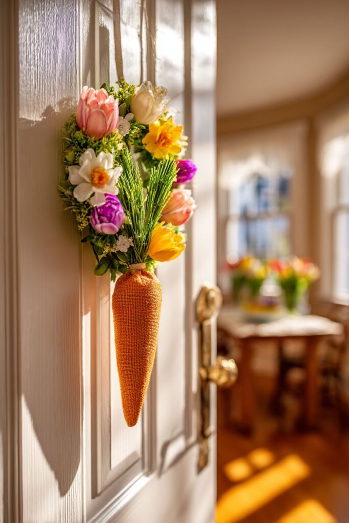 Whimsical Carrot-Shaped Door Hanger with Spring Blooms