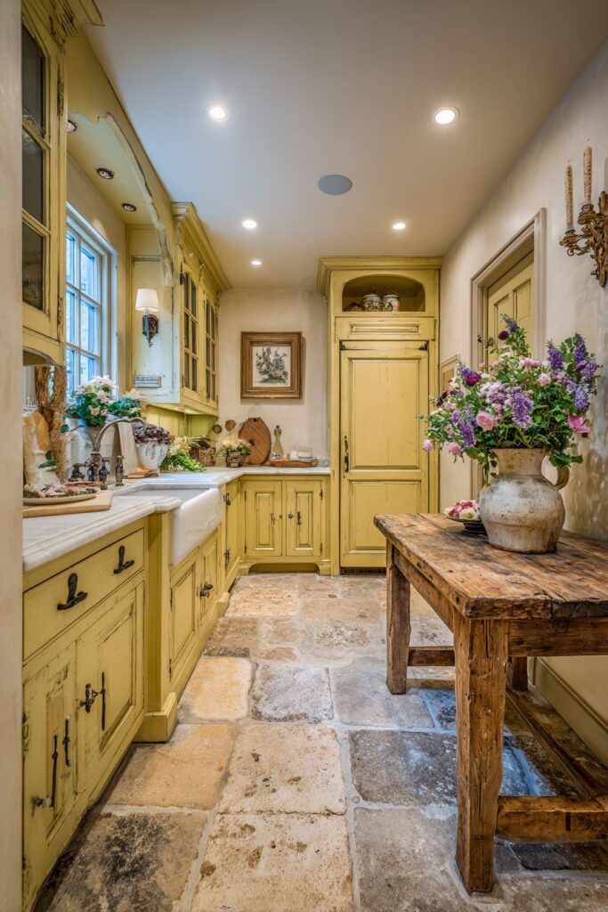 Traditional Limestone Flooring with Yellow Cabinetry