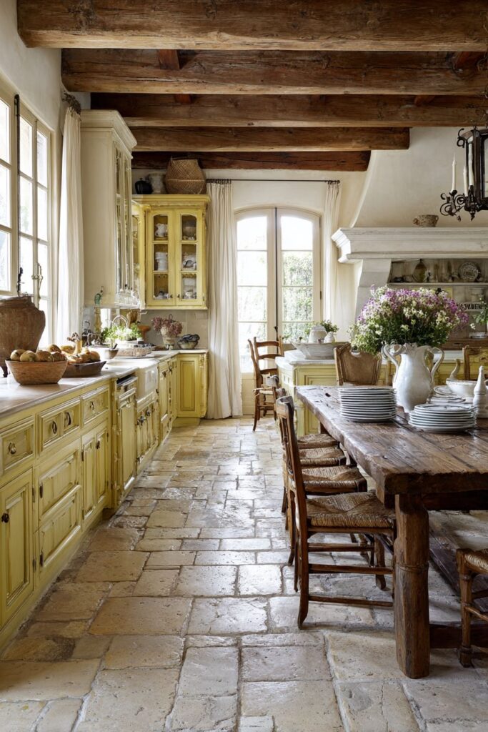 Traditional Limestone Flooring with Yellow Cabinetry