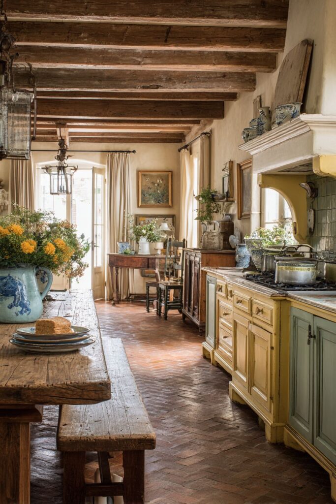 Traditional Limestone Flooring with Yellow Cabinetry