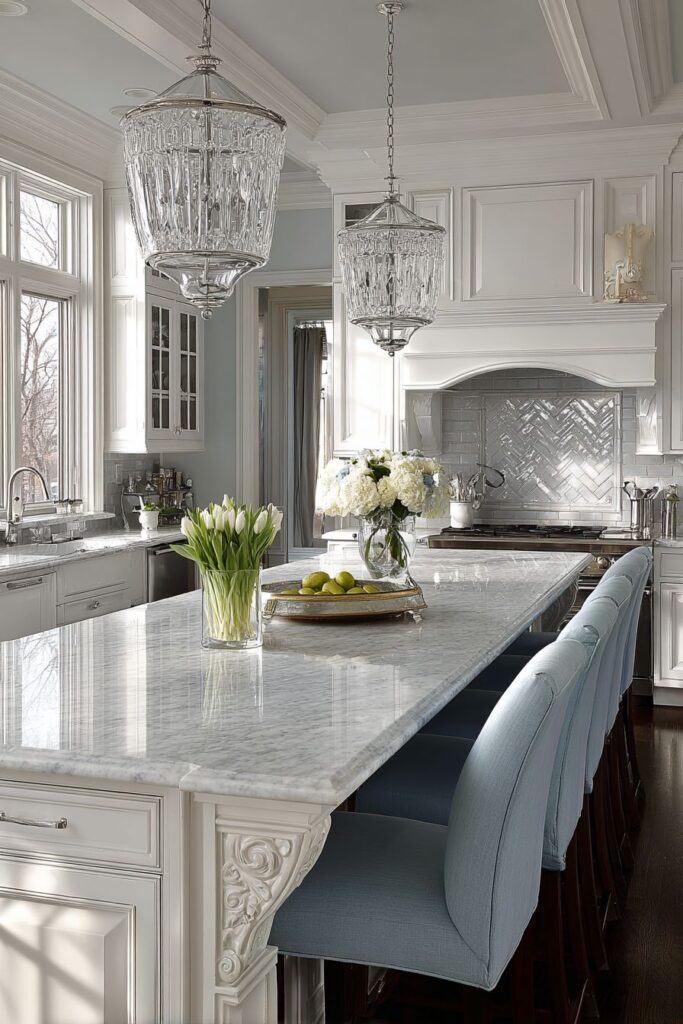 Transitional Kitchen with Elegant Marble Island