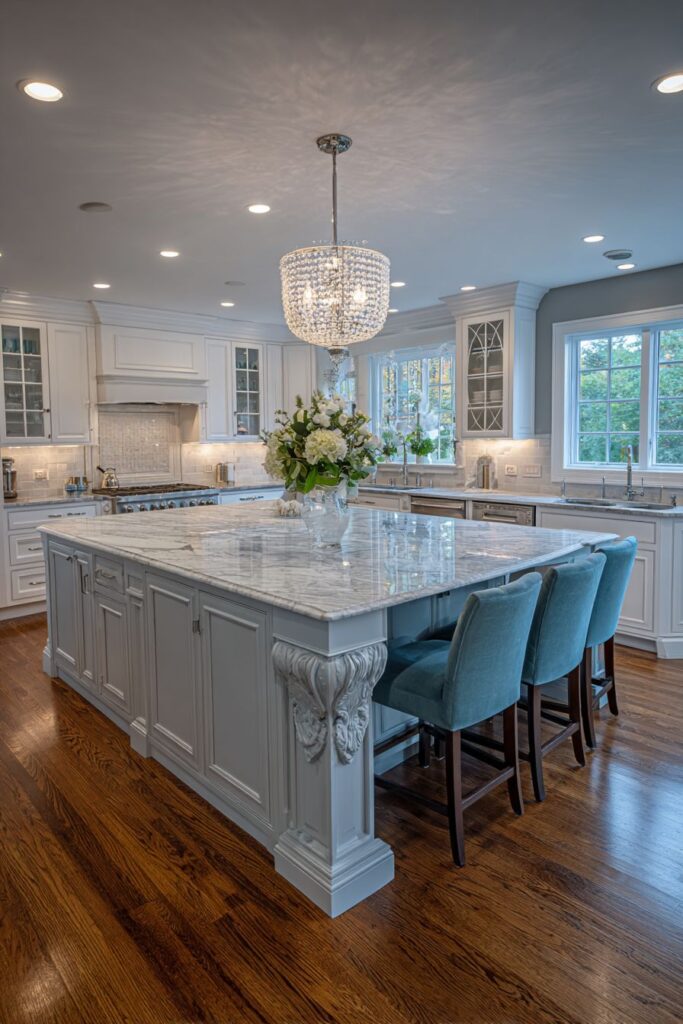 Transitional Kitchen with Elegant Marble Island